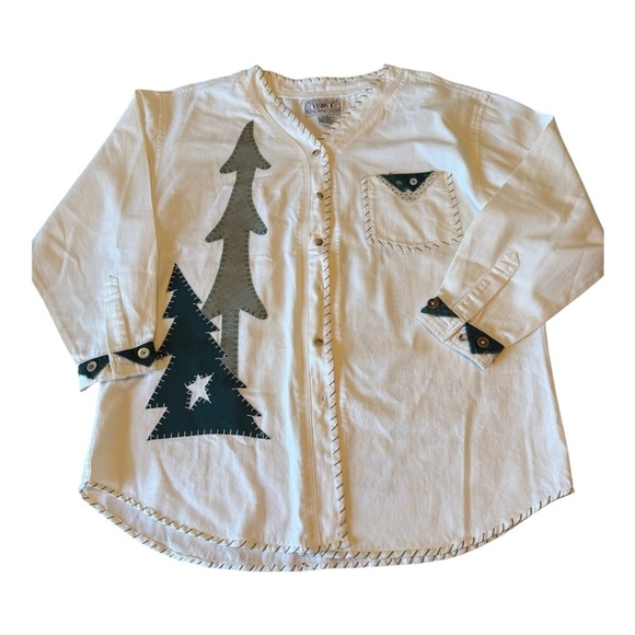 Vintage Stitched Christmas Tree Print Button Up Shirt Size Medium Oversized - Picture 3 of 15